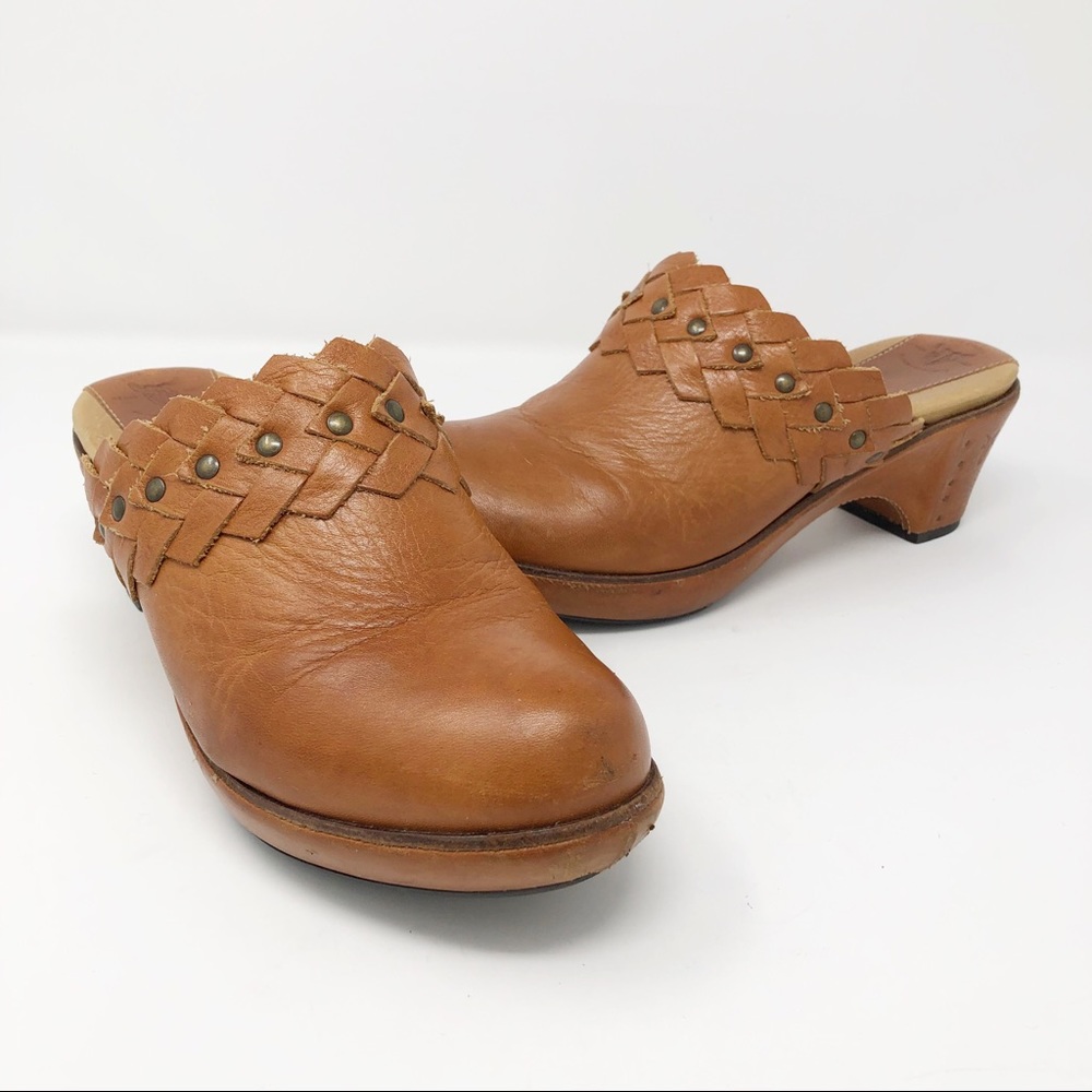 Frye Braided Cognac leather heeled mules clogs